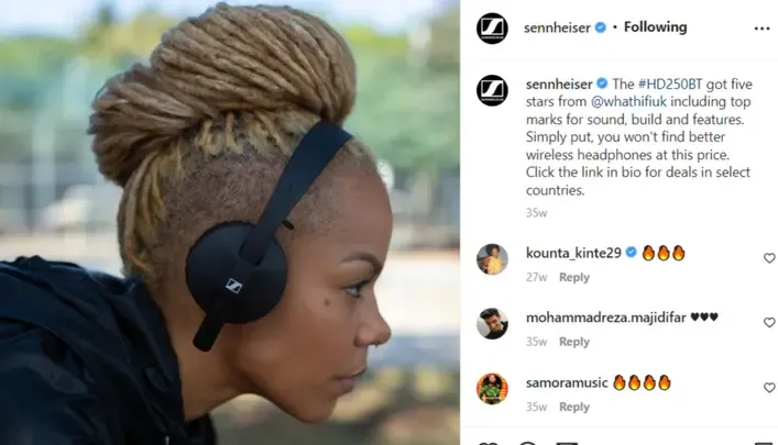 Sennheiser Instagram post of a woman wearing Sennheiser headphones
