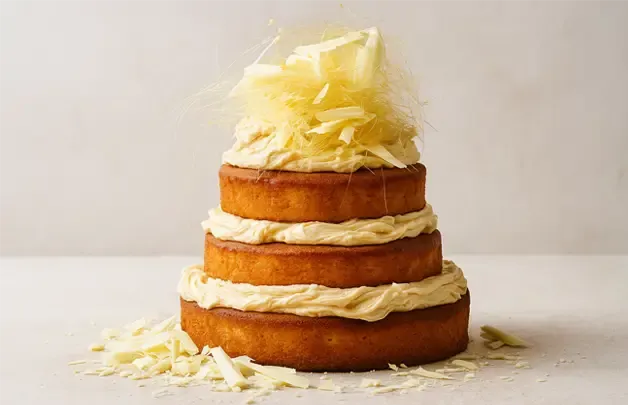 A layered sponge cake topped with cream and white chocolate